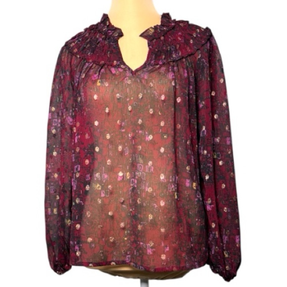 Greylin Burgundy and Metallic Gold Abstract Blouse